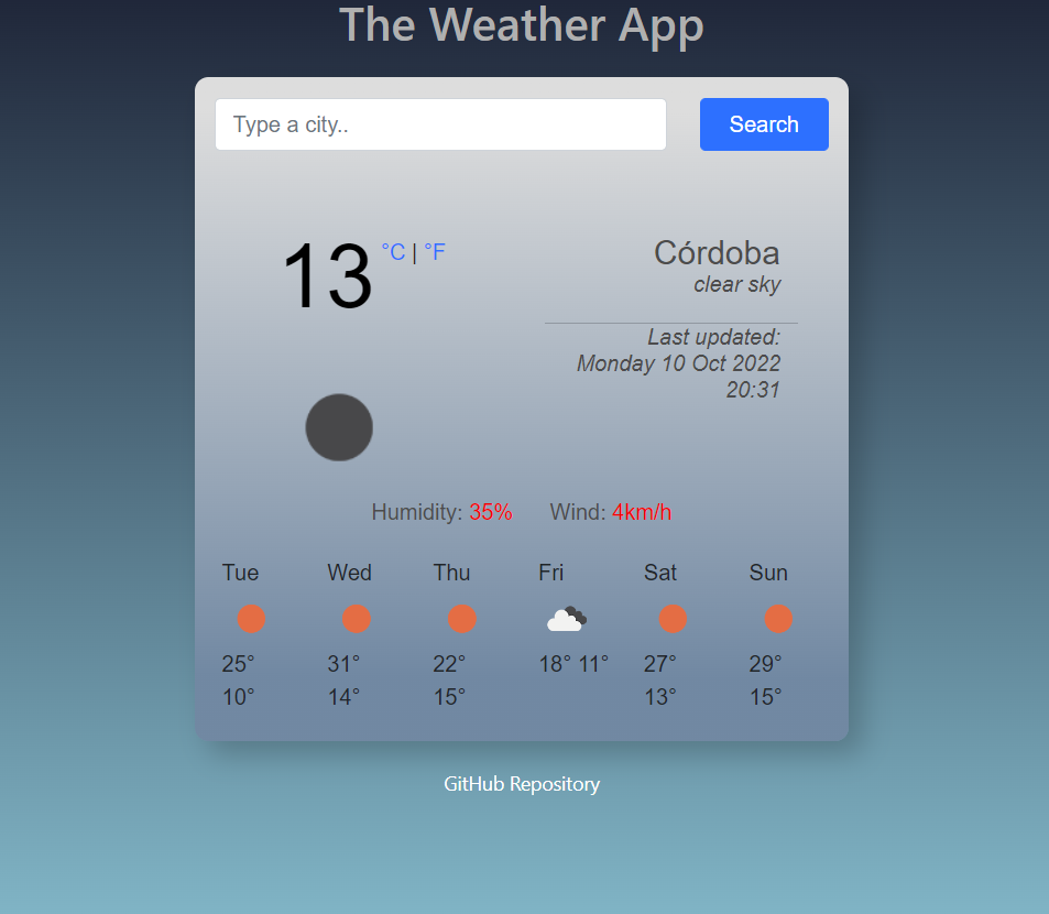 Screenshot of weather application project